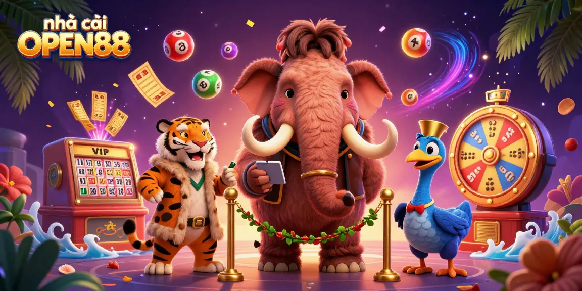 Engage in thrilling gameplay at nhà cái OPEN88 as a woolly mammoth bouncer checks IDs for a vibrant gaming event.