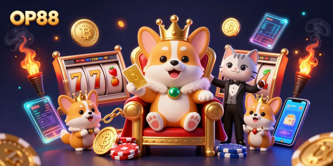 Engage with OP88 in the vibrant world of online slots featuring a cartoon royal corgi and colorful game elements.