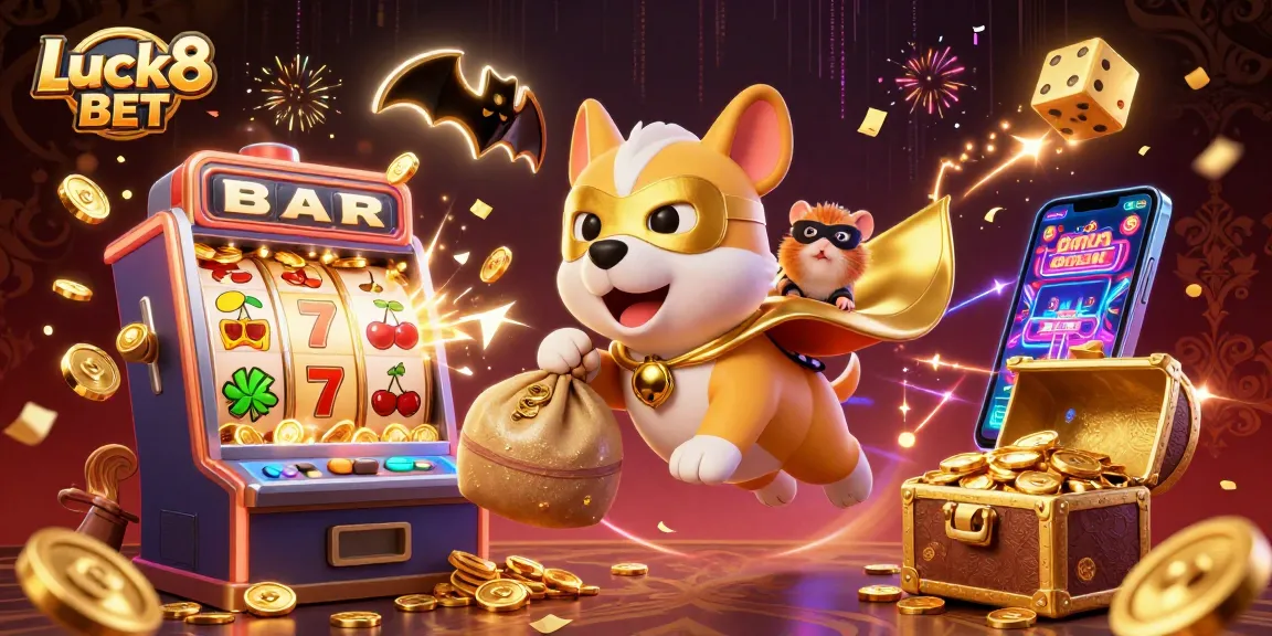 Luck8 BET showcases an exciting scene with a superhero dog and hamster in a dynamic casino setting.