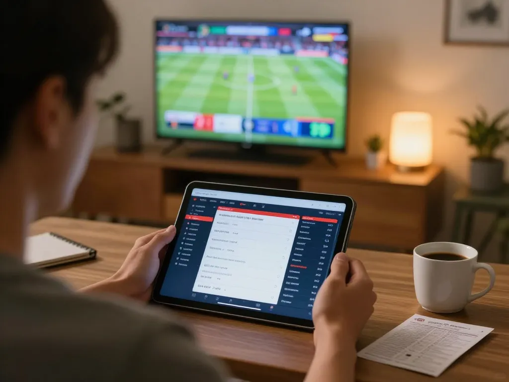 Betting on kèo nhà cái using tablet in a cozy home office setting with sports events on TV
