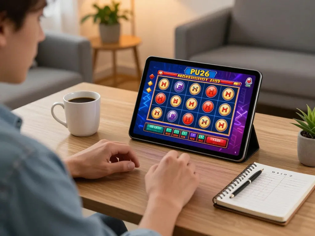 Engaging scene of playing HELLO88 online slots in a cozy home office setup, promoting responsible gaming.