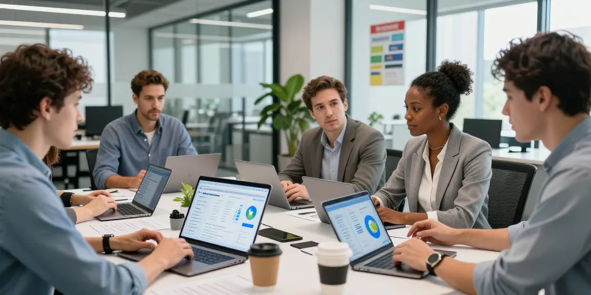 Team collaborating on an age verification system in a modern office setting.