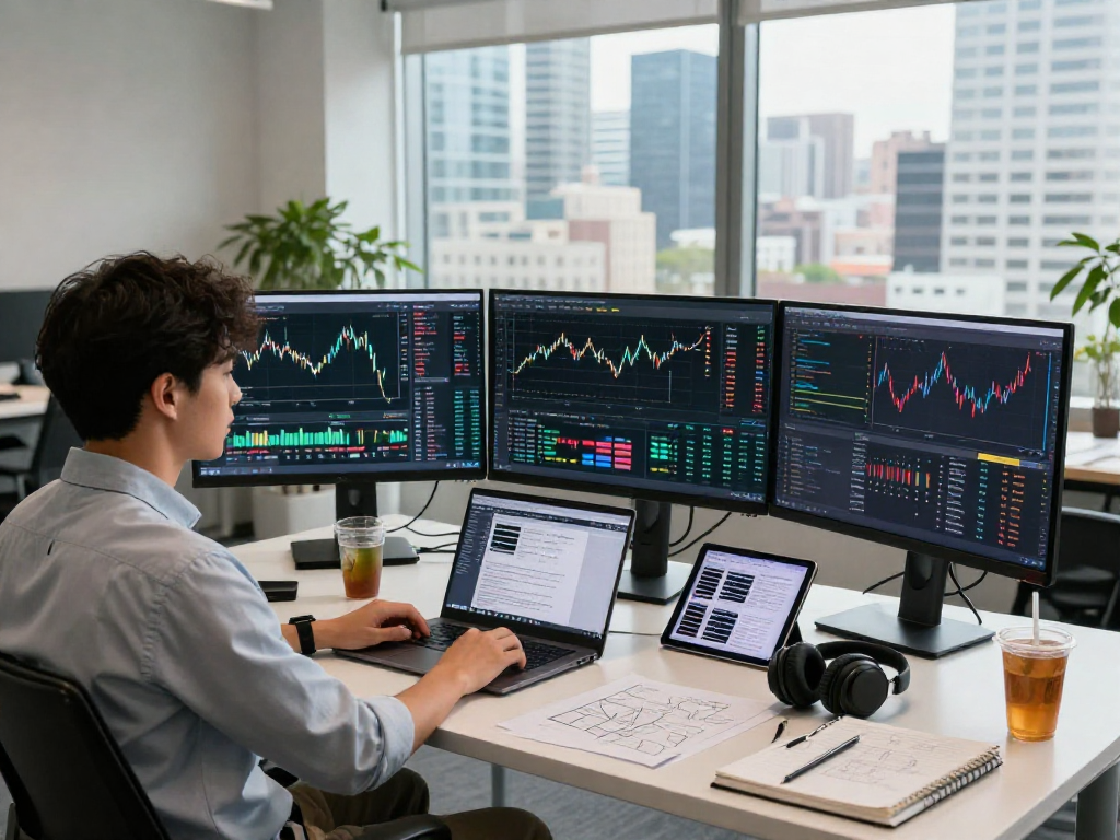 Real-time forex API workspace showcasing precious metal depth data API integration with advanced financial analysis tools in a modern office.