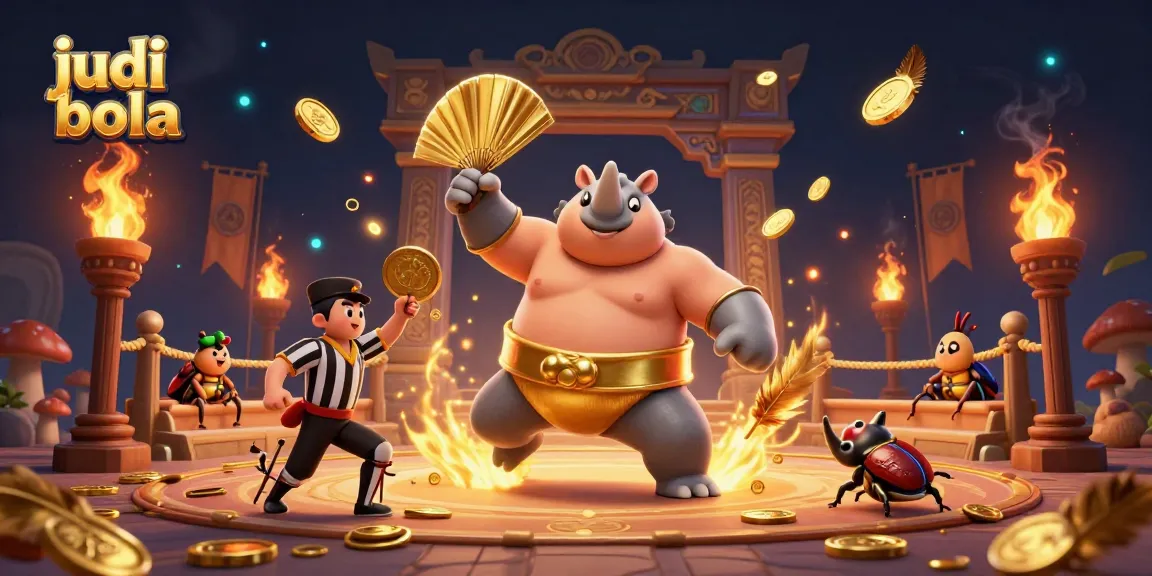 Experience judi bola thrills with a dynamic scene of a sumo beetle champion amidst gold coins.