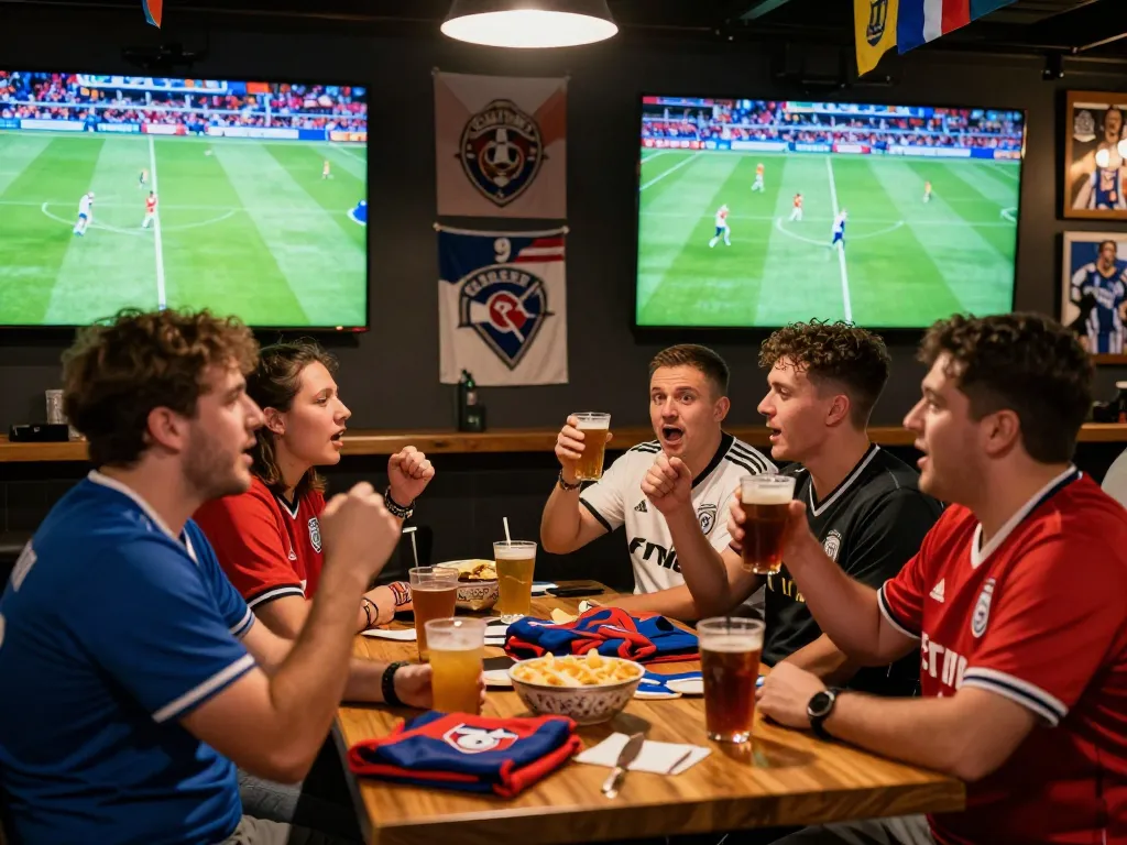 Fans celebrating live football scores on Nowgoal at a sports bar