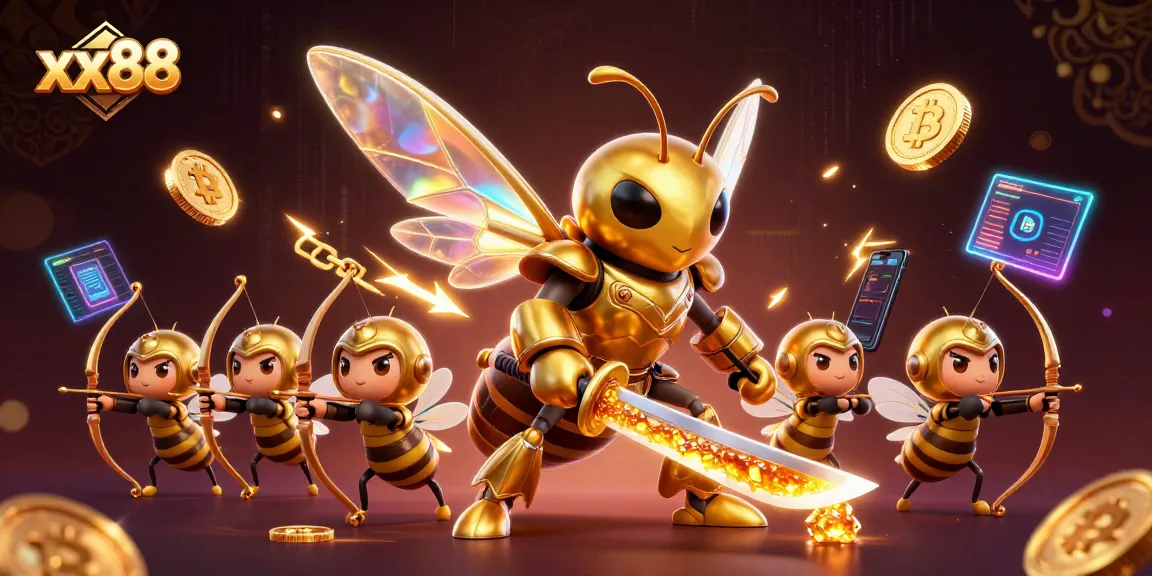 Experience the thrill of xx88 with engaging bee warriors and crypto elements in a vibrant casino scene.