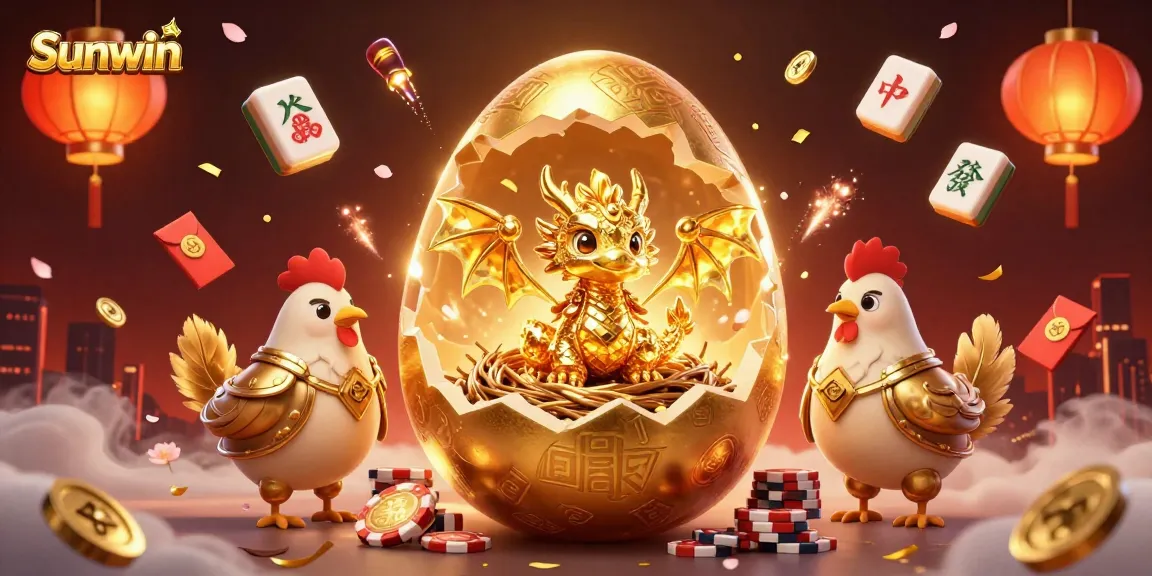 Engage in thrilling gameplay at Sunwin with a 3D dragon from a golden egg amidst poker chips.