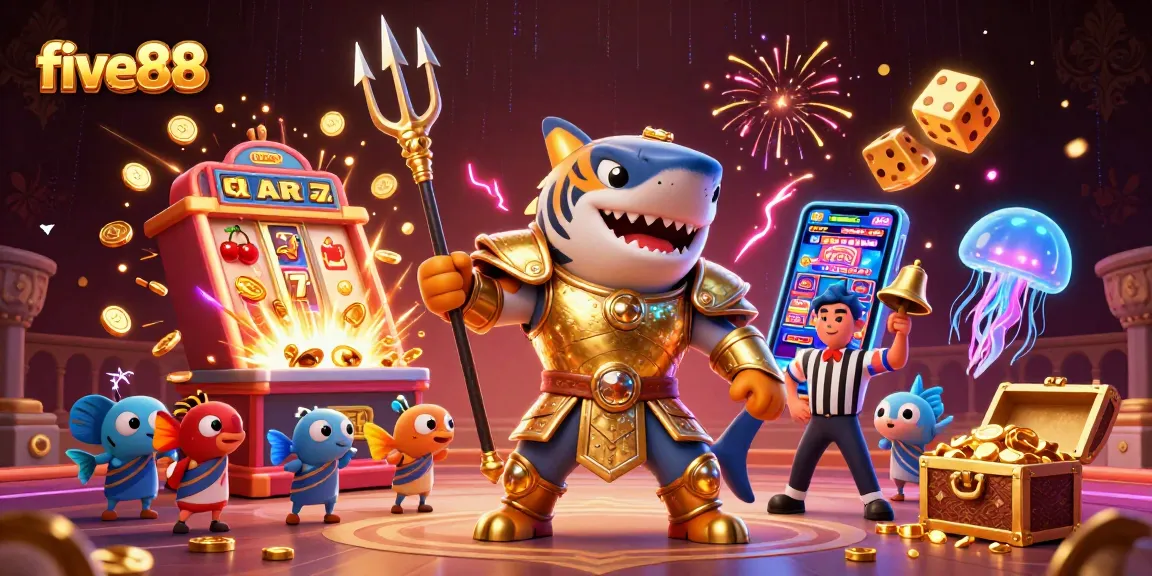 Experience gaming thrills with five88's underwater casino adventure, featuring a golden tiger shark.