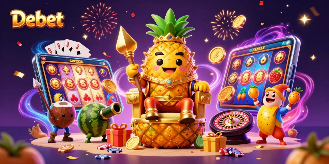 Experience thrilling slot adventures with Debet in a vibrant casino scene featuring golden characters and festive elements.