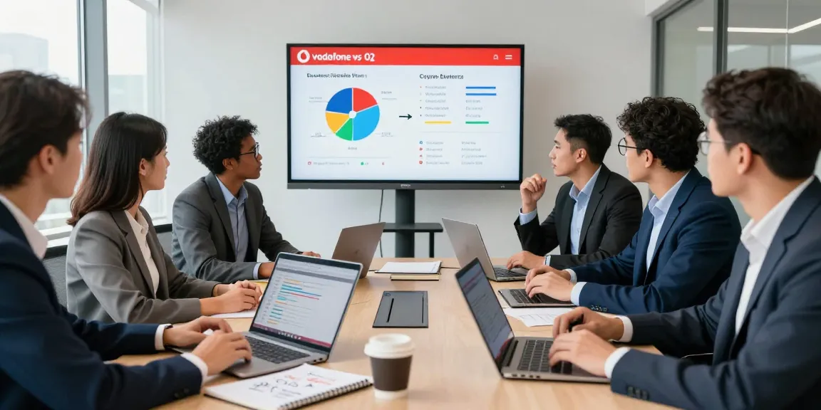 Team discussing Vodafone vs O2 business mobile plans in a corporate office, showcasing data analytics and collaboration.
