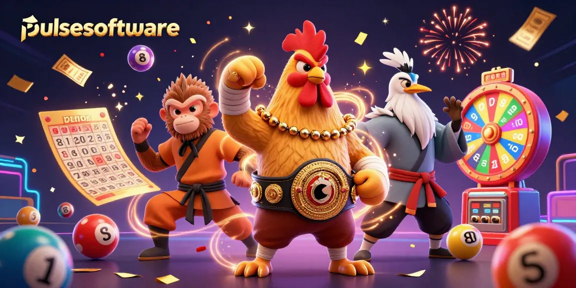 Engage with pulsesoftware's exhilarating casino scene featuring dynamic lottery elements and vibrant characters.