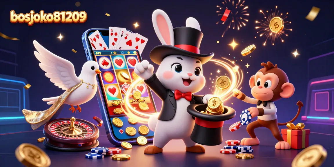 bosjoko81209 menampilkan ilustrasi kasino 3D dinamis dengan karakter yang menarik dan elemen permainan yang ceria.