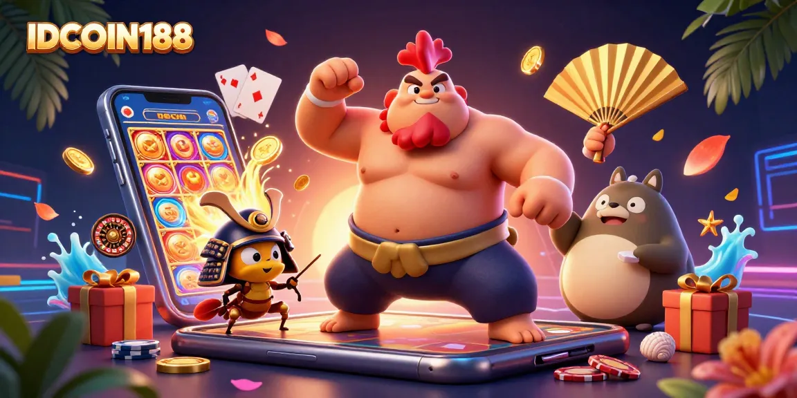 IDCOIN188 brings excitement as a powerful rooster sumo wrestler stomps, surrounded by thrilling casino elements.
