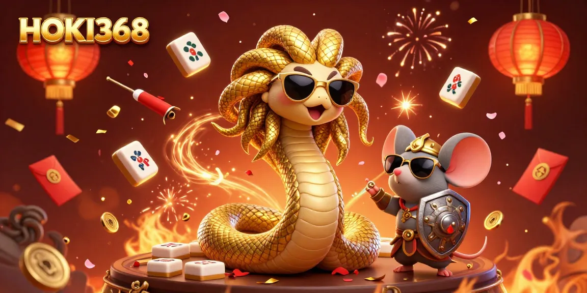 Experience HOKI368 with a charming Medusa and a warrior mouse in a vibrant casino scene.