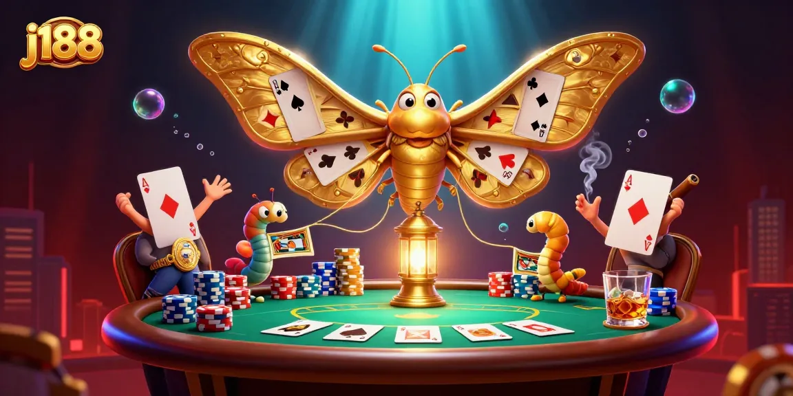 j188 thrills with poker elements featuring a vibrant moth in a casino scene