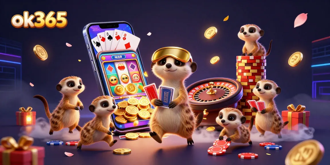 Experience thrilling gaming action with ok365's meerkat casino in a vibrant 3D scene.