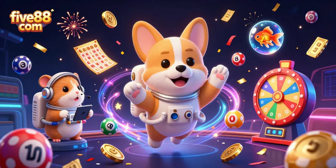 Win big with five88 com in an exciting casino scene featuring floating characters and dynamic gaming elements!