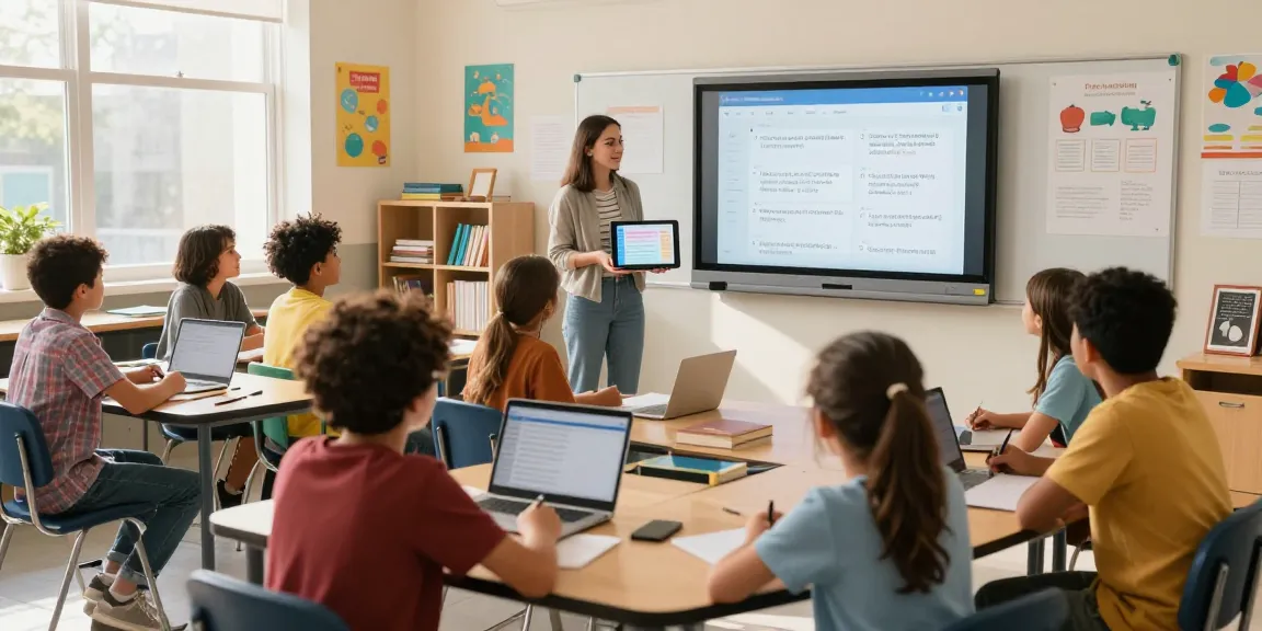 Teacher using EMStudio online teacher planner in a vibrant classroom, showcasing classroom management application features.