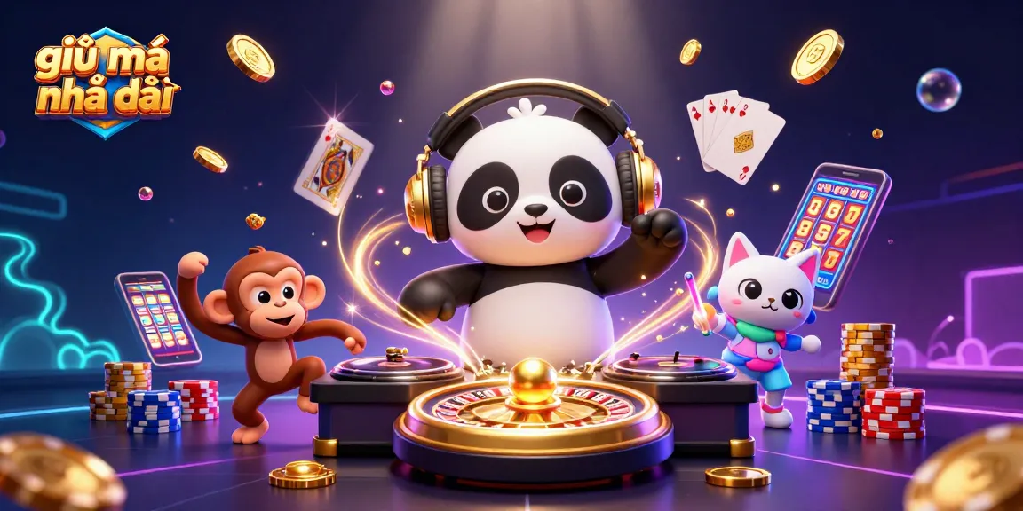 Engaging scene of giải mã nhà cái with a panda DJ, monkey dancer, and glowing kitten amidst vibrant casino elements.