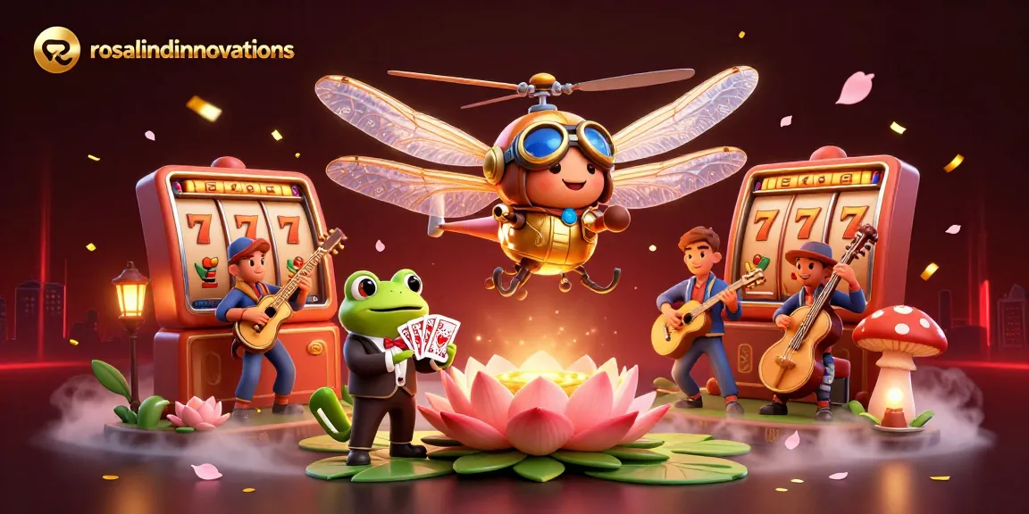 Engage with rosalindinnovations in an exciting online gaming scene featuring a vibrant dragonfly pilot and a lucky frog croupier.