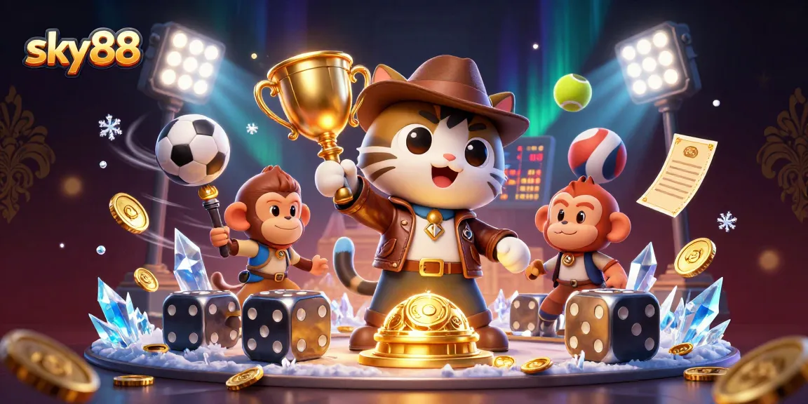 Engage with sky88's thrilling sports betting adventure featuring a cat archaeologist and monkey companion.