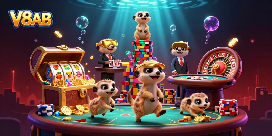 V8AB meerkats running a dynamic casino operation with vibrant gaming elements.