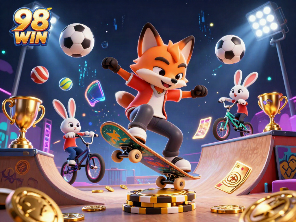 Experience the thrill of 98 WIN with a dynamic casino-themed illustration featuring key characters.