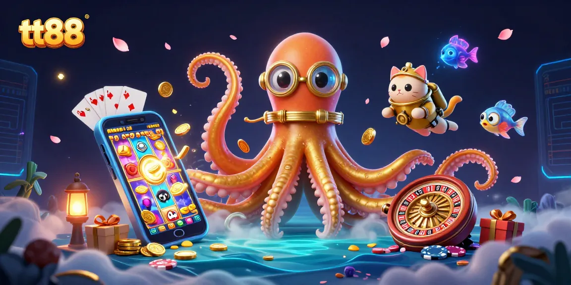 Experience thrilling gaming adventures at tt88 with a captivating kraken and diving cat.