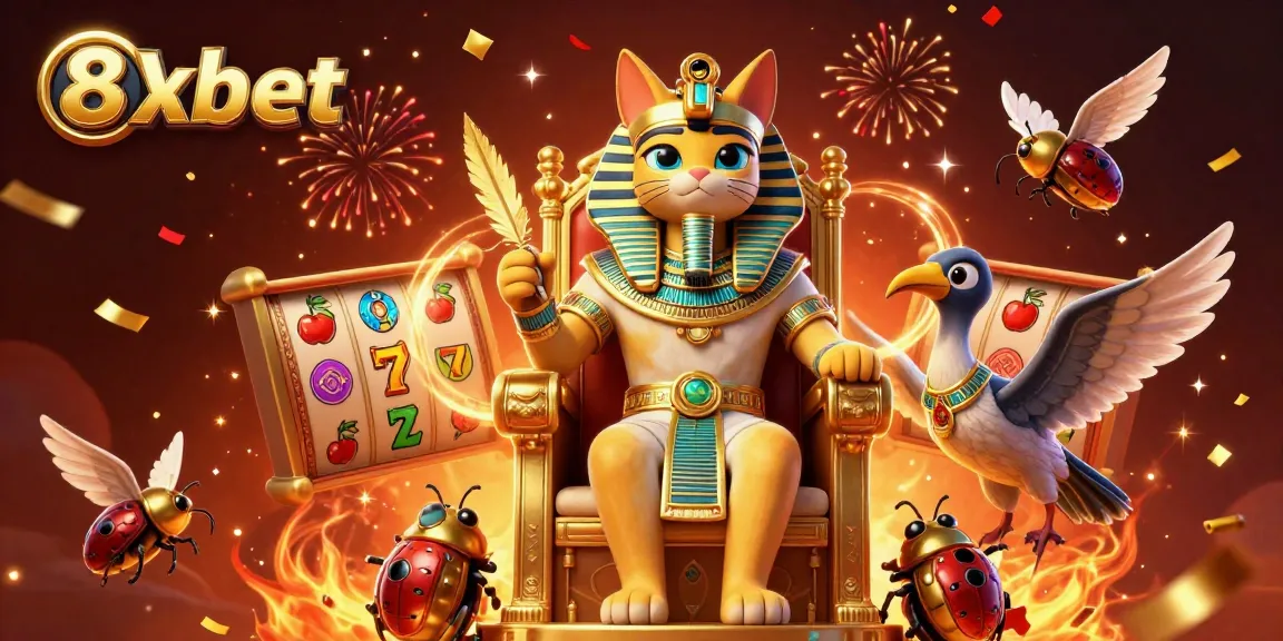 Engage with 8xbet's immersive casino experience featuring an Egyptian pharaoh cat amidst festive slot games.