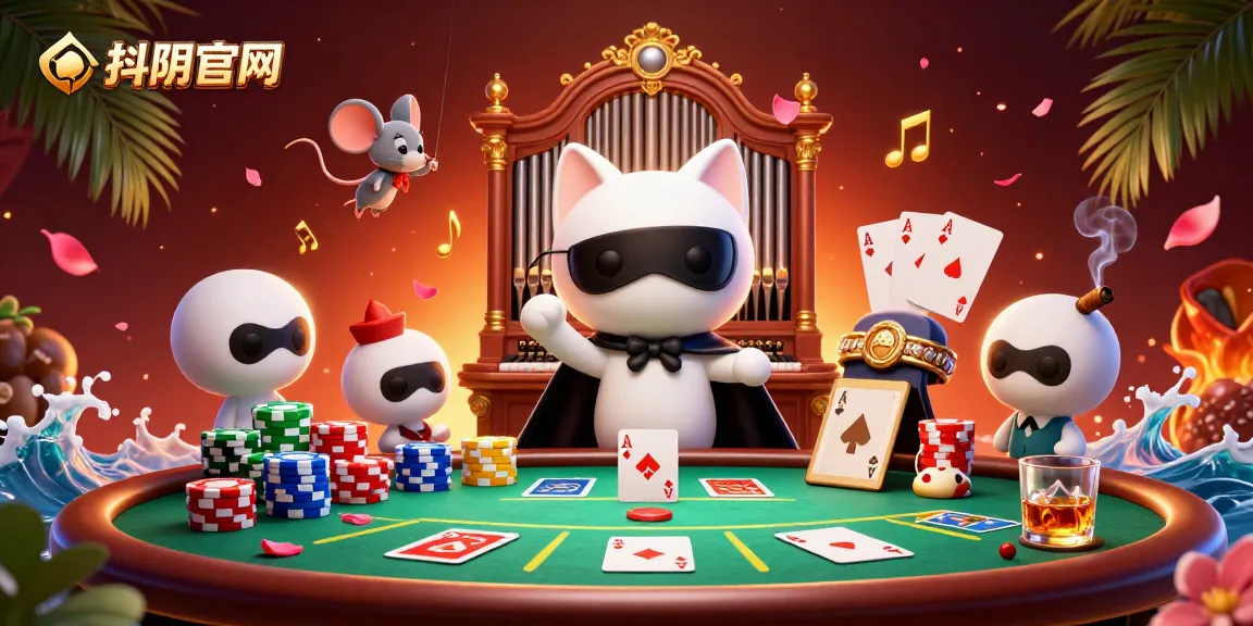 Experience immersive gameplay on 抖阴官网 with a dynamic cartoon scene showcasing poker elements, acrobatics, and musical flair.