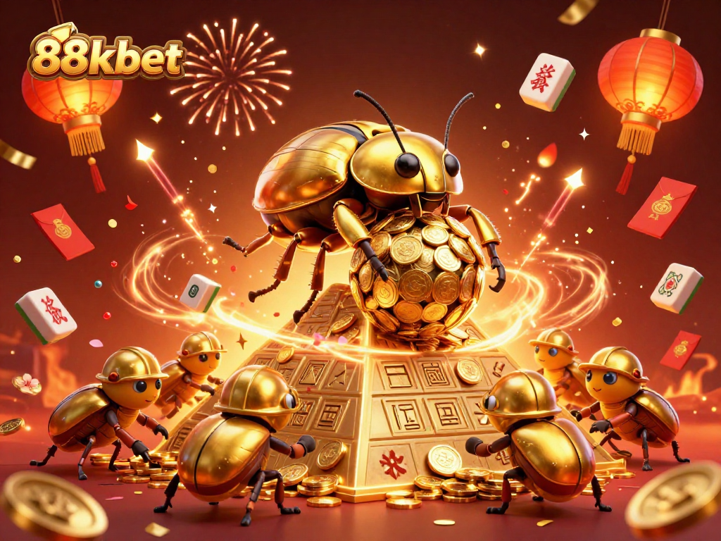 Capture the excitement of 88kbet with a golden dung beetle rolling coins at a vibrant casino scene.