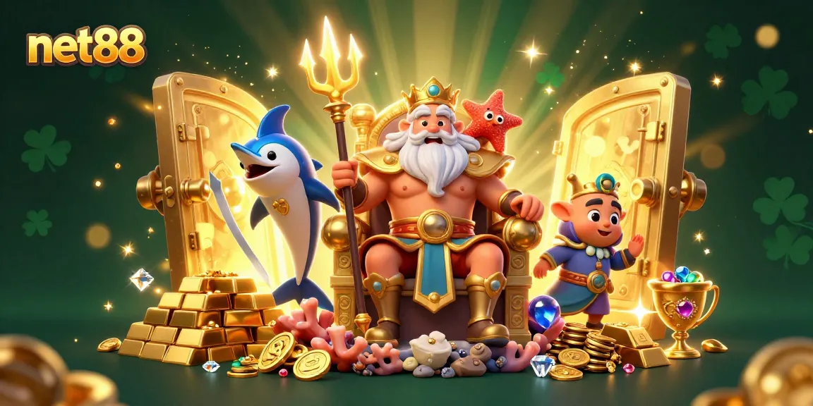 Experience exciting outcomes with net88, featuring a vibrant sea king, jewels, and treasures in a lively casino scene.