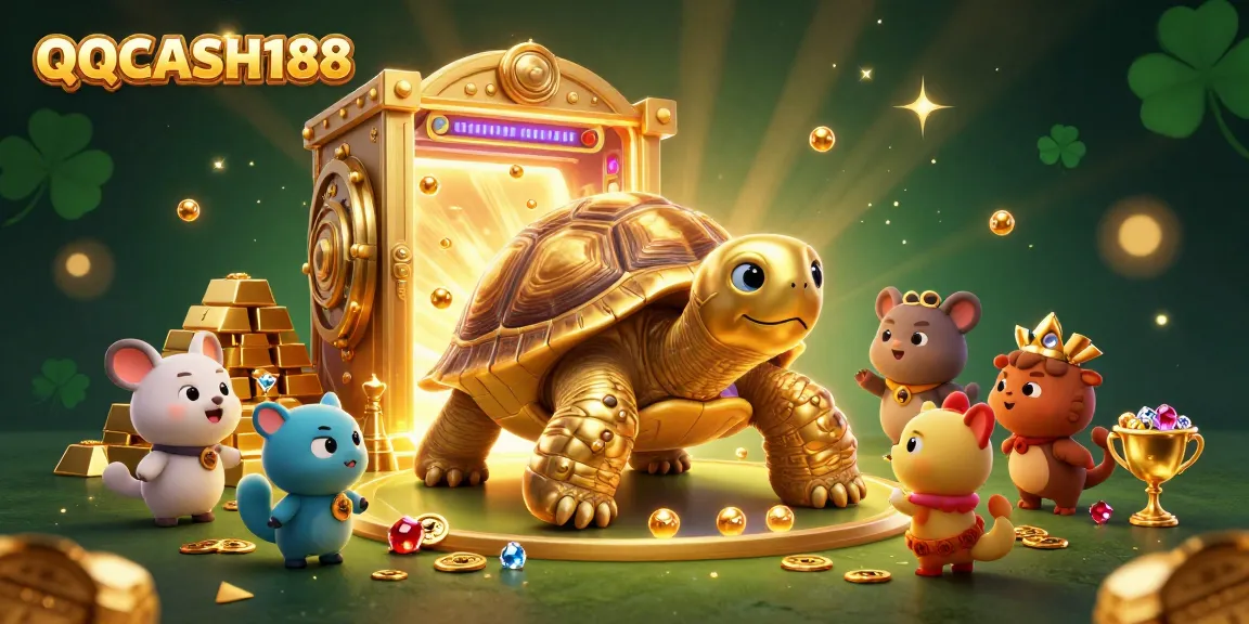 Engage with QQCASH188, featuring a lively scene of a giant tortoise-pinball machine attracting eager players.