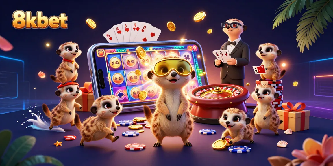 8kbet meerkats operate a vibrant casino, showcasing high-energy gaming elements and vibrant visuals.