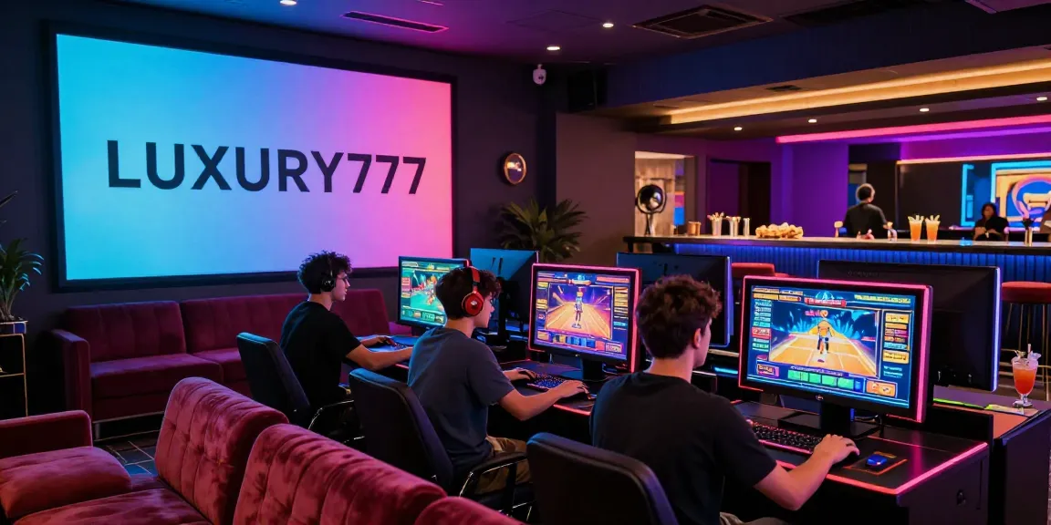 LUXURY777 ruang permainan mewah dengan pemain terlibat dalam permainan slot online, suasana meriah dan pencahayaan LED yang berwarna-warni.