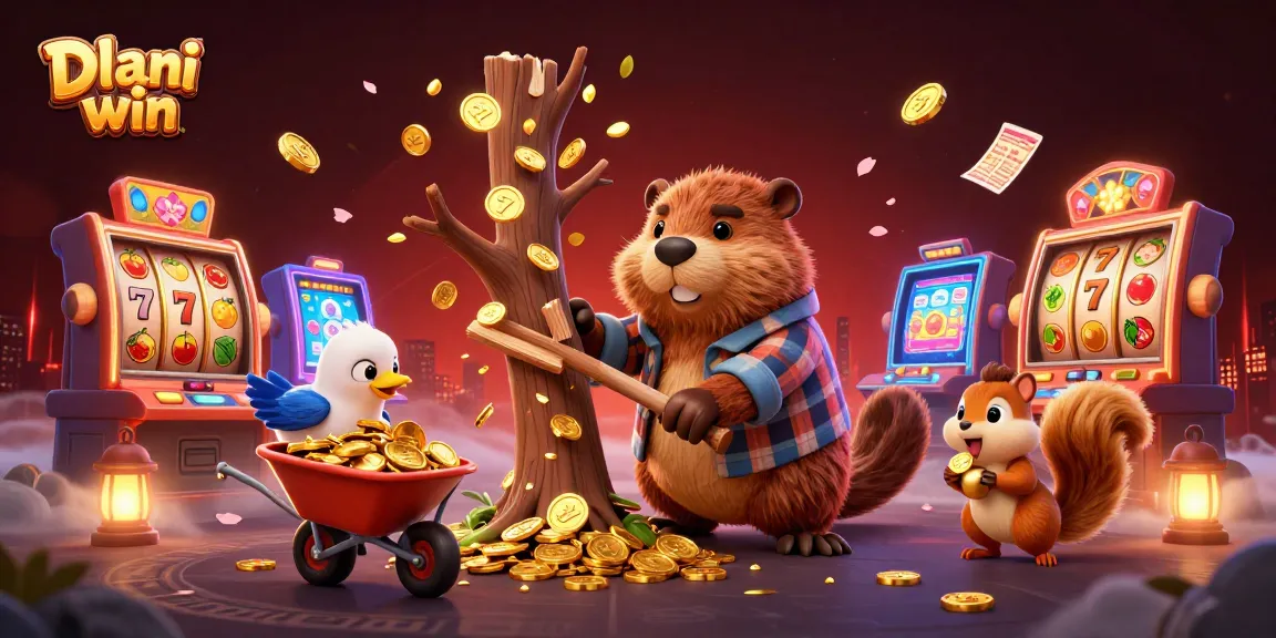 Dhani win players enjoy excitement with cartoon beaver collecting coins amidst slot games and festive decorations.