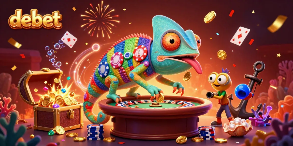 Experience thrilling wins at debet with a vibrant casino chameleon surrounded by colorful treasures and confetti.