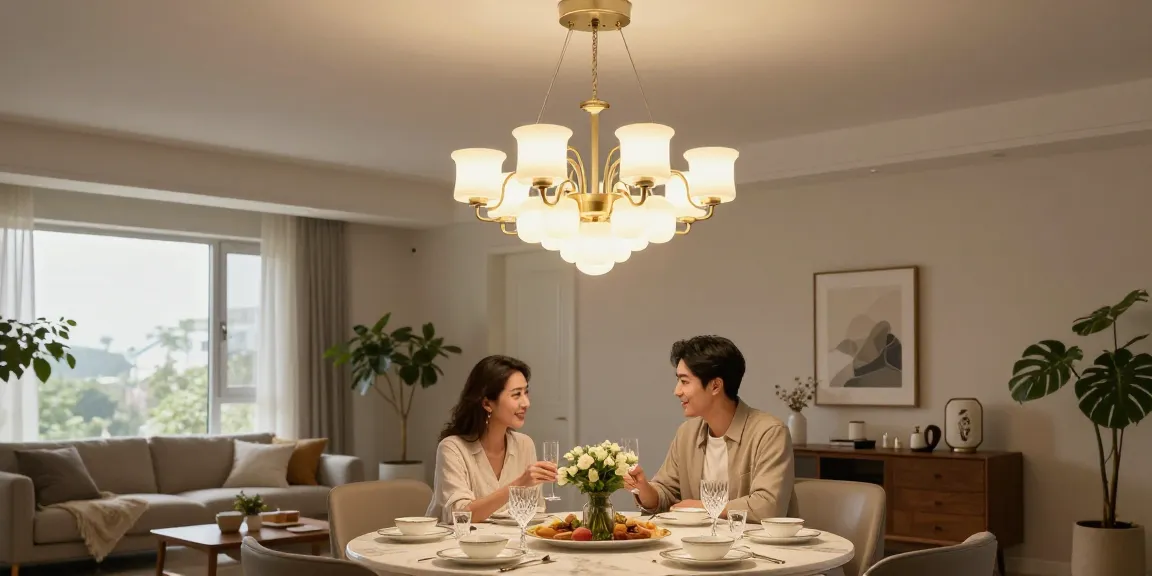 Candelabru elegant LED iluminând o masă de dining într-un living modern, creând o atmosferă primitoare.
