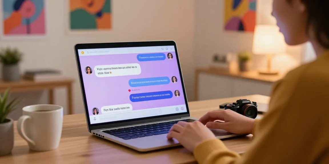 Engaging scene of nsfw ai chat interaction with vibrant character on a laptop in a cozy home office.