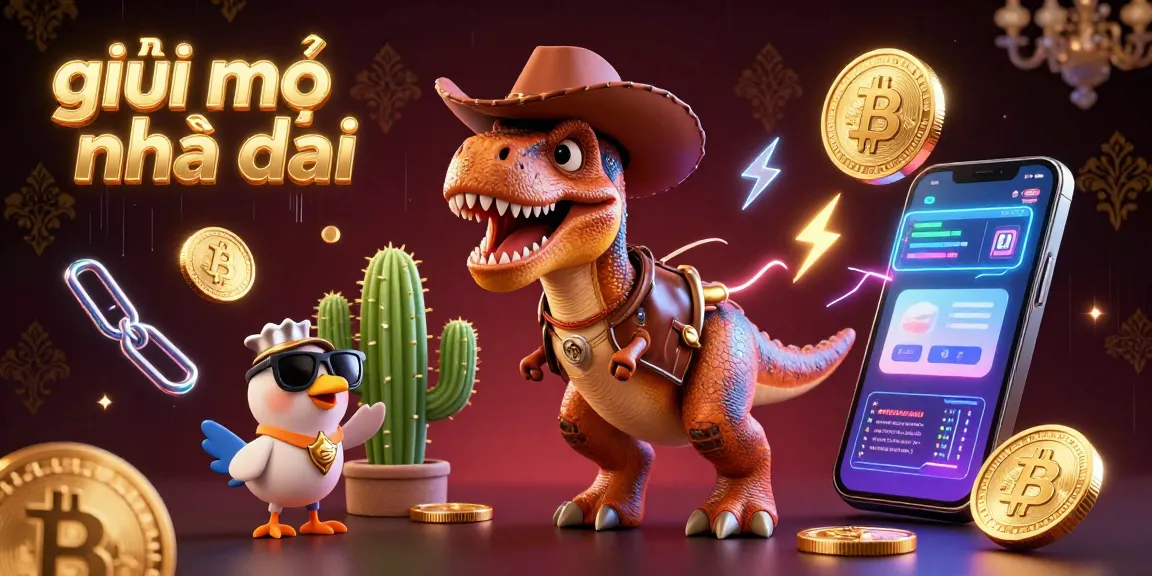 Engage in giải mã nhà cái with a vibrant scene featuring a T-Rex dinosaur and crypto elements.