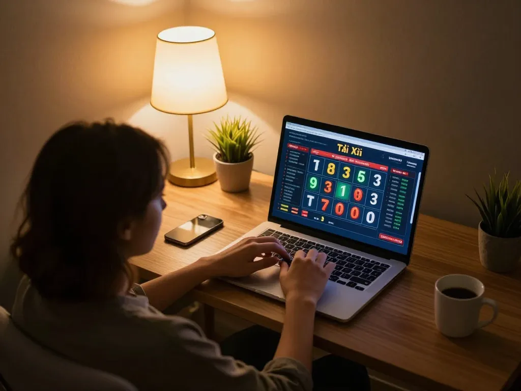 Tài xỉu online uy tín being played on a laptop in a cozy home environment, illustrating strategic online gambling.
