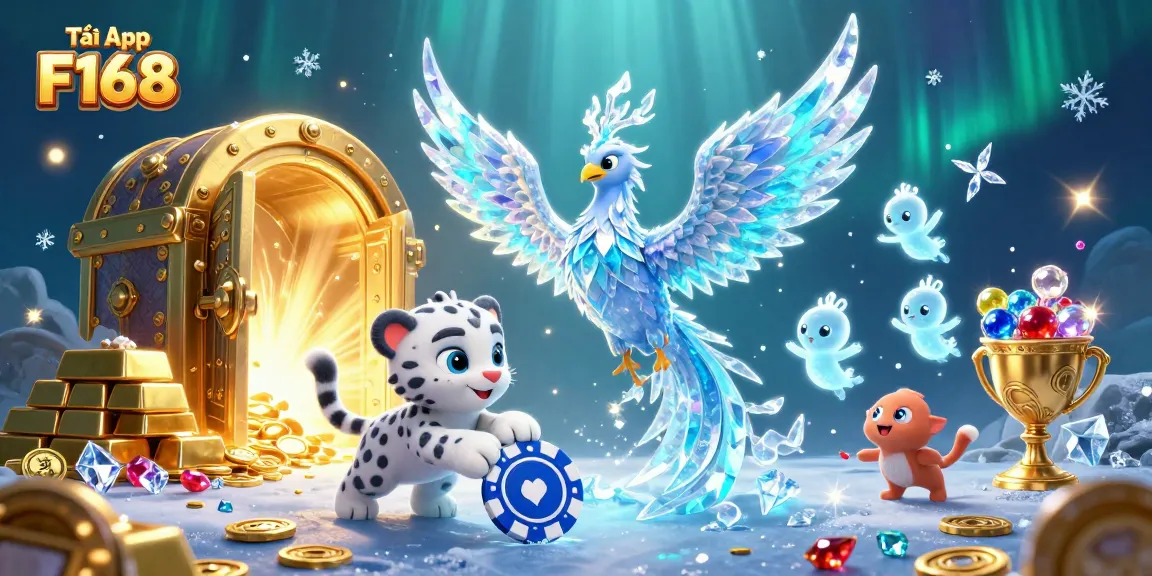 Tải App F168 to enjoy stunning casino experiences with an ice phoenix, poker chips, and treasure.