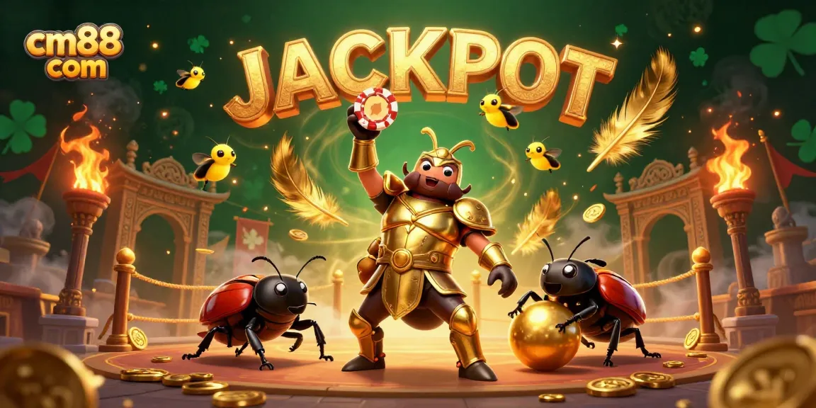 Experience the excitement of cm88 com with our illustrated jackpot scene featuring a victorious beetle and dynamic game elements.