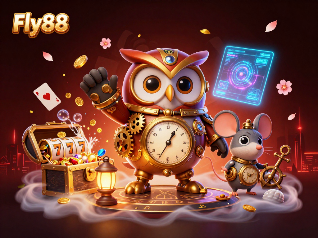 Experience the thrilling slots at Fly88 with a time-traveling owl and vibrant casino elements surrounding players.