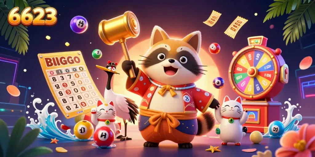 Experience the excitement of 6623 with colorful lottery elements and cheerful characters in a vibrant casino scene.