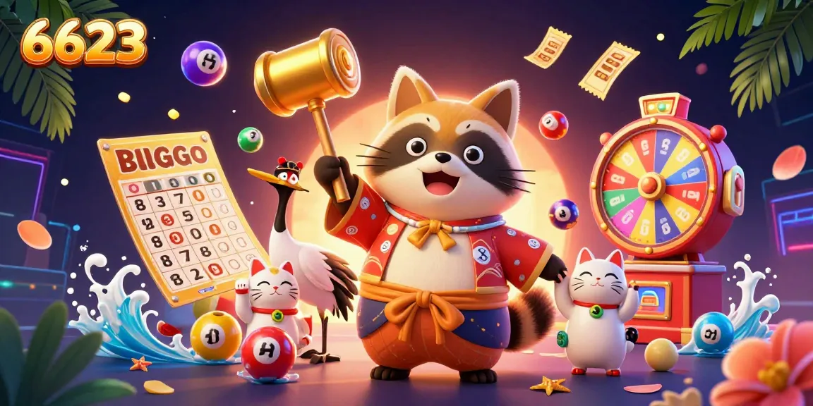 Experience the excitement of 6623 with colorful lottery elements and cheerful characters in a vibrant casino scene.