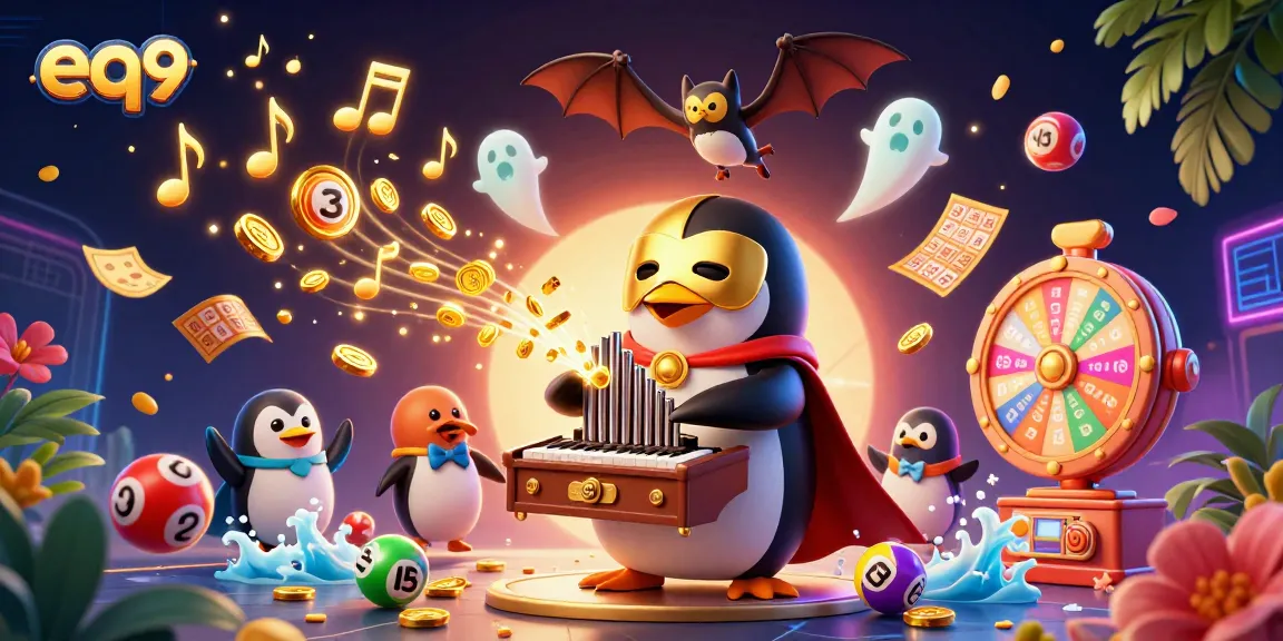 Experience vibrant EQ9 casino gameplay with a penguin organist, golden coins, and lottery elements.