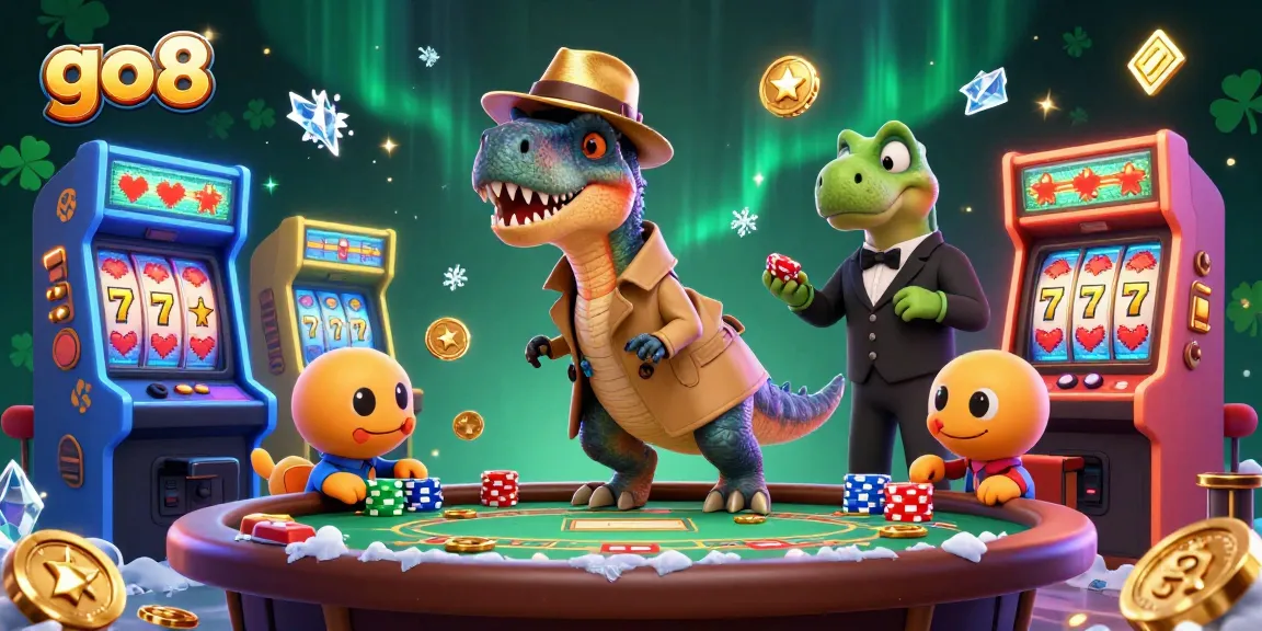 Experience go8 casino excitement with a cartoon velociraptor at a blackjack table surrounded by vibrant gaming elements.