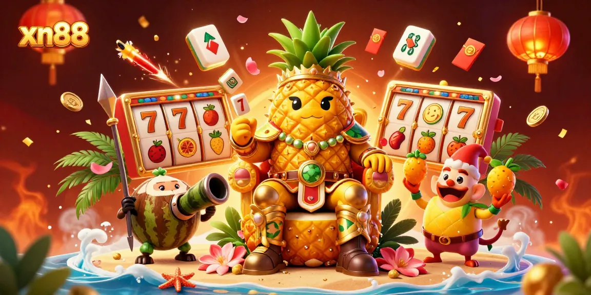 Engage with xn88's vibrant casino scene showcasing a golden pineapple king and dynamic slot game symbols.