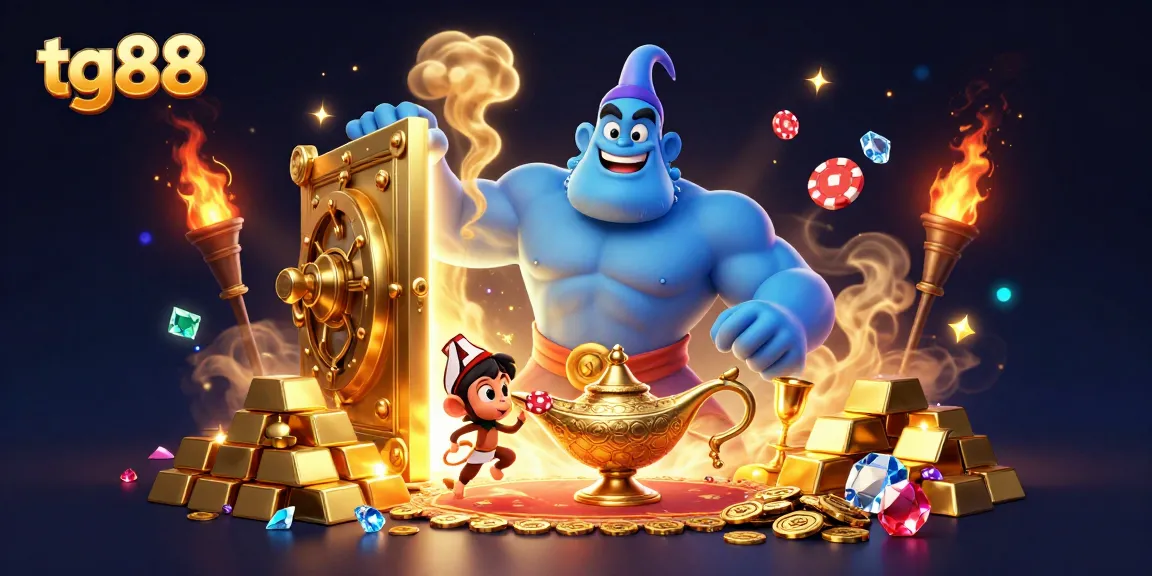 Experience excitement with tg88 in a vibrant casino adventure featuring a genie and poker chips.